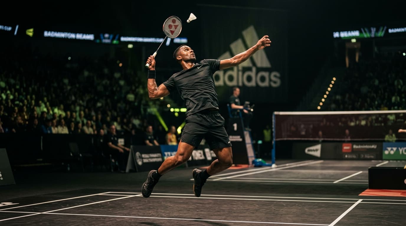 Elite badminton athlete executing an explosive jump smash at S&A Badminton Academy Kochi