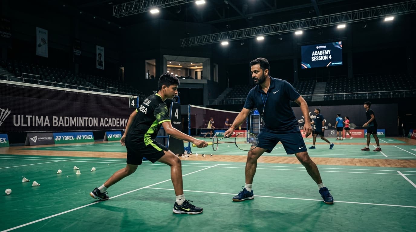 Real S&A coach working on court stroke mechanics with athlete